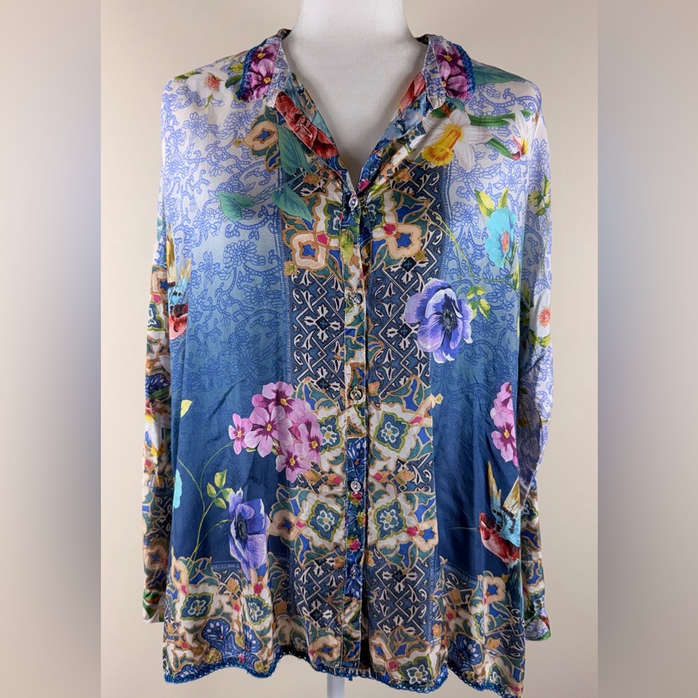 Johnny Was Multicolor Floral Silk Blouse, Size Small